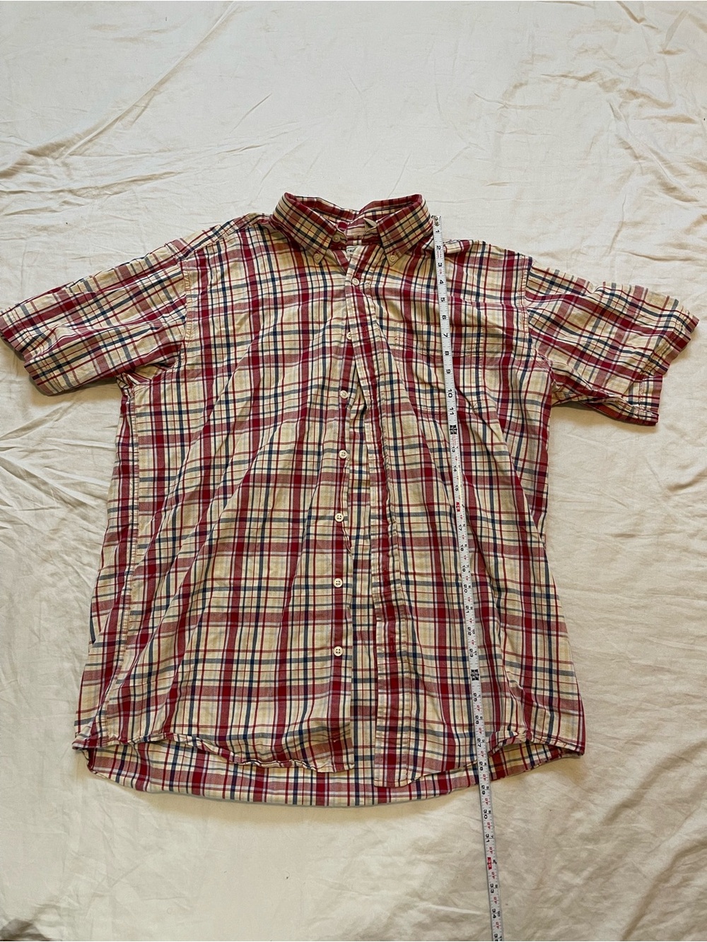 L.L. Bean Short-Sleeve Plaid Button-Down Shirt in Red and Cream Lt large tall